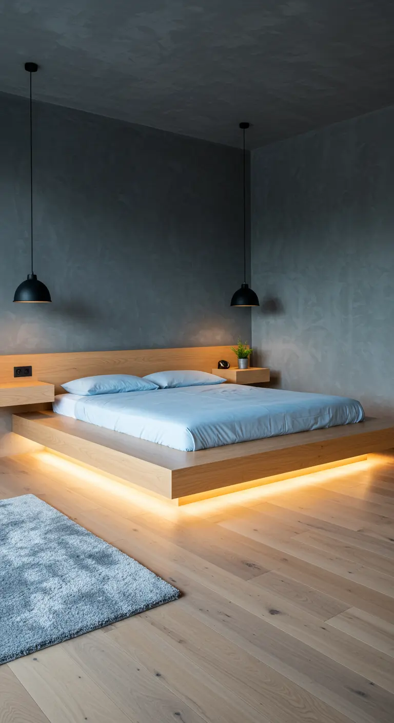Donkergrijze slaapkamer met een zwevend houten bed, verlicht door een LED-strip eronder.
