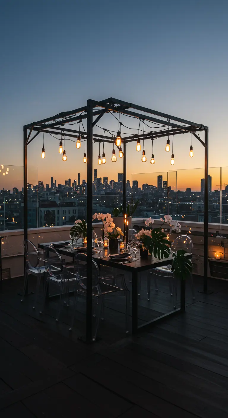 Dineropstelling op een dakterras met een pergola, lampjes en uitzicht op een skyline bij zonsondergang.