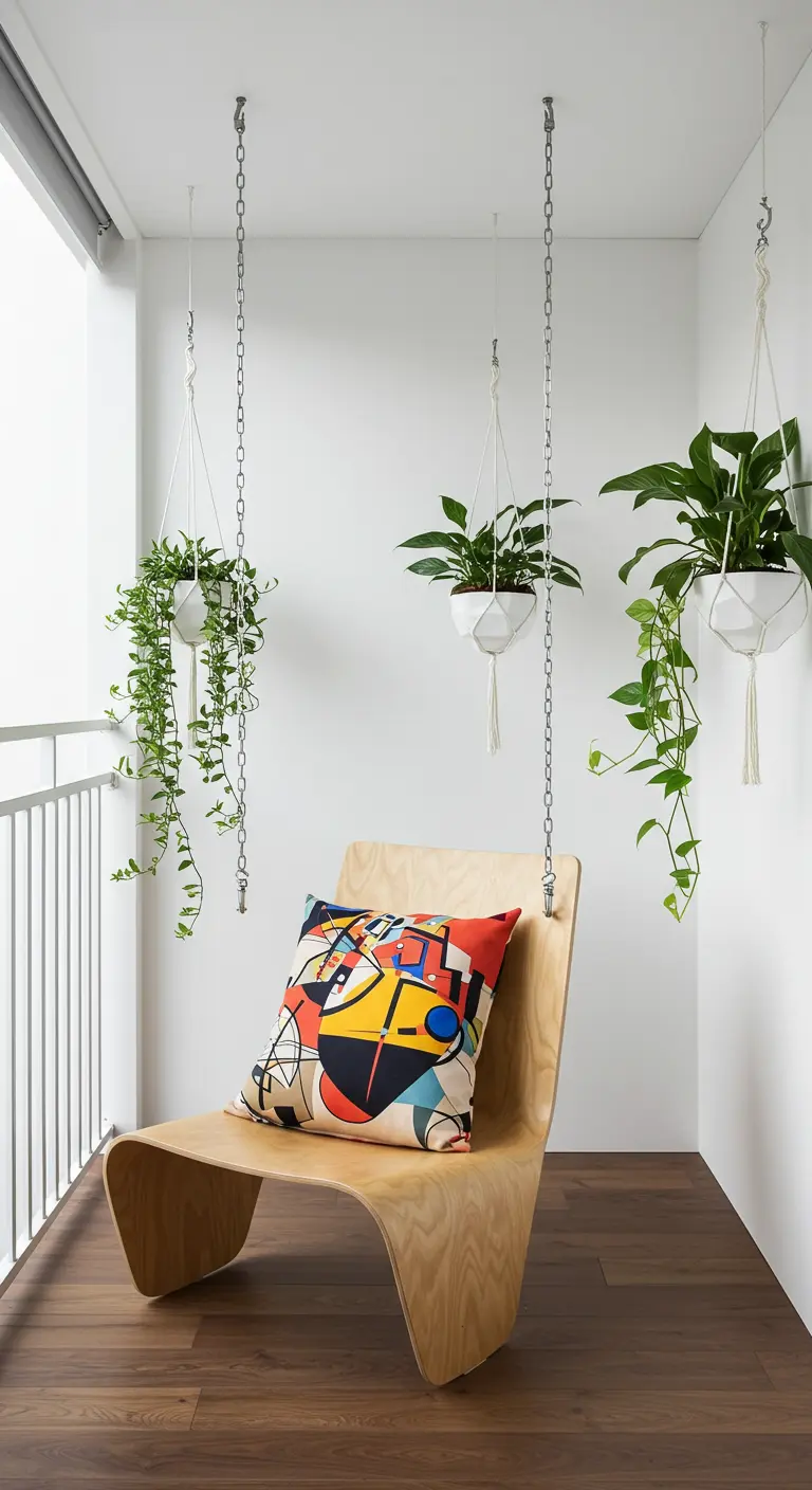 Minimalistische houten hangstoel als kunstobject met een kleurrijk, abstract kussen in een witte ruimte.