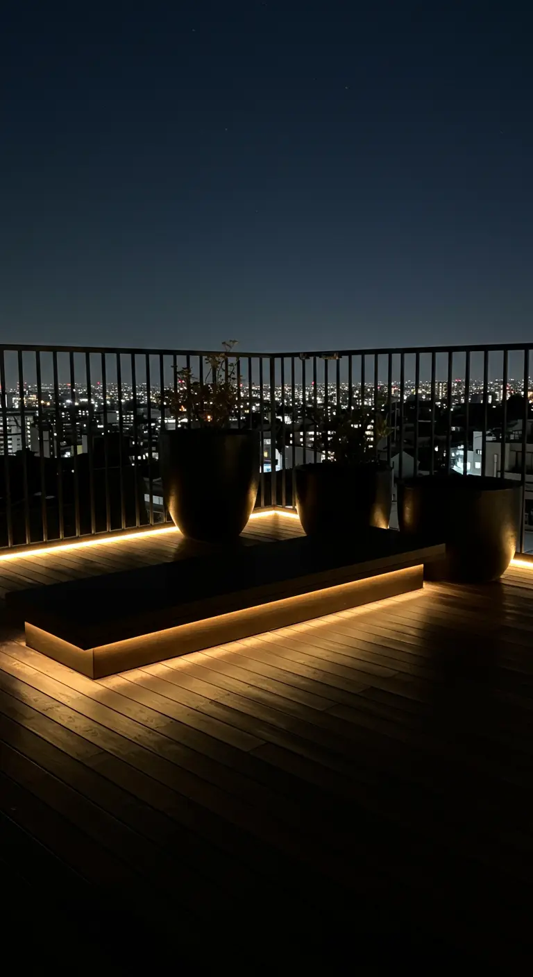 Houten balkon met een verhoogd platform verlicht door een LED-strip.
