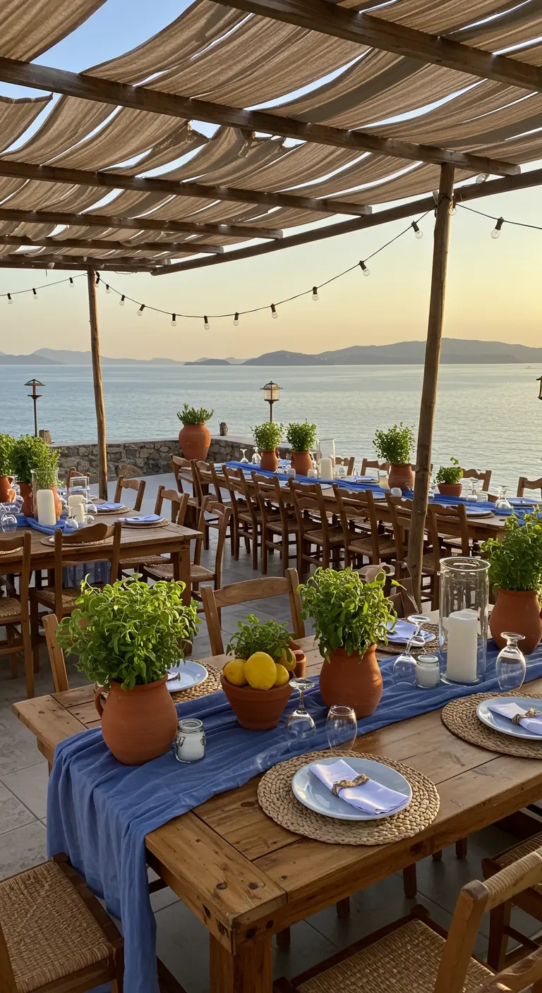 Mediterraanse tafel met blauwe loper, terracotta potten, citroenen en uitzicht op zee.