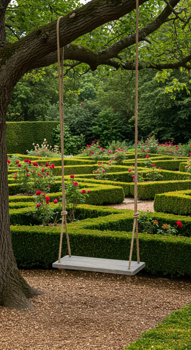 Eenvoudige houten schommel aan touwen hangend aan een boom, met uitzicht op een doolhof van buxushagen.