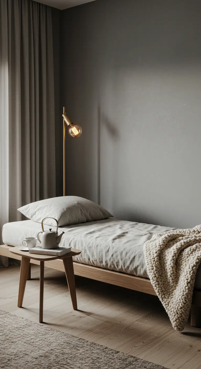 Minimalistische slaapkamerhoek met laag bed, houten bijzettafel, theeset en staande lamp.