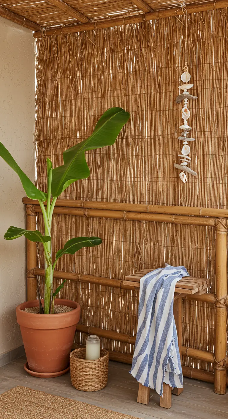 Balkon met bananenplant, bamboe bankje en een wandhanger van drijfhout en schelpen.