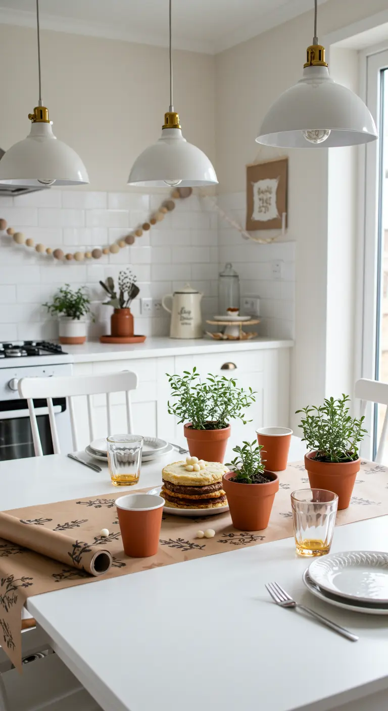 Witte keukentafel met kruiden in terracotta potjes als decoratie.