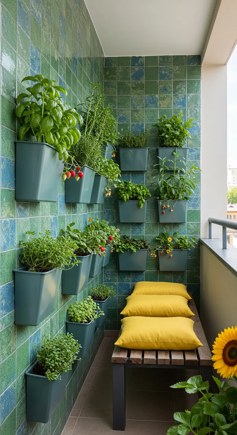 Smal balkon met groene tegelwand vol hangende plantenbakken met kruiden en aardbeien.