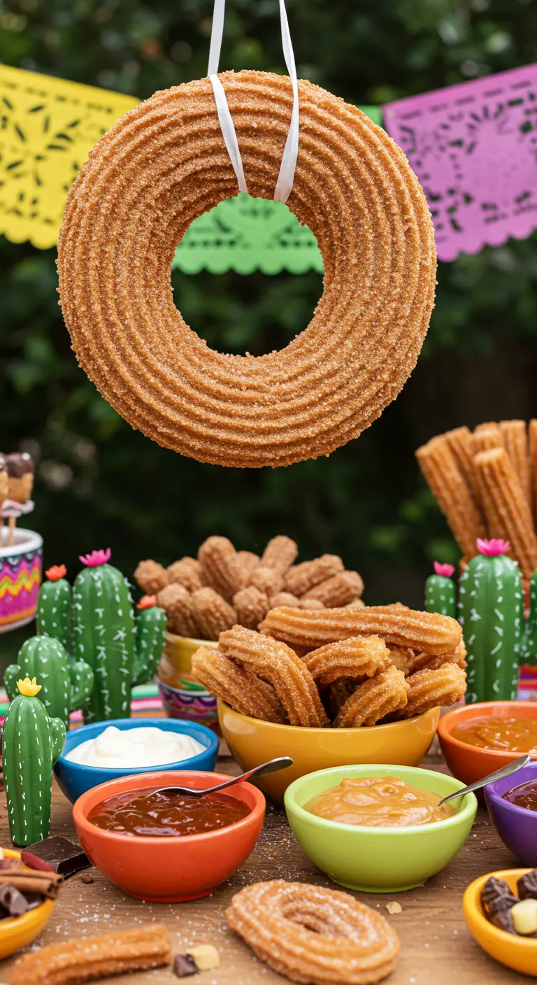 Een grote, ronde churro die als decoratie boven een buffettafel hangt.
