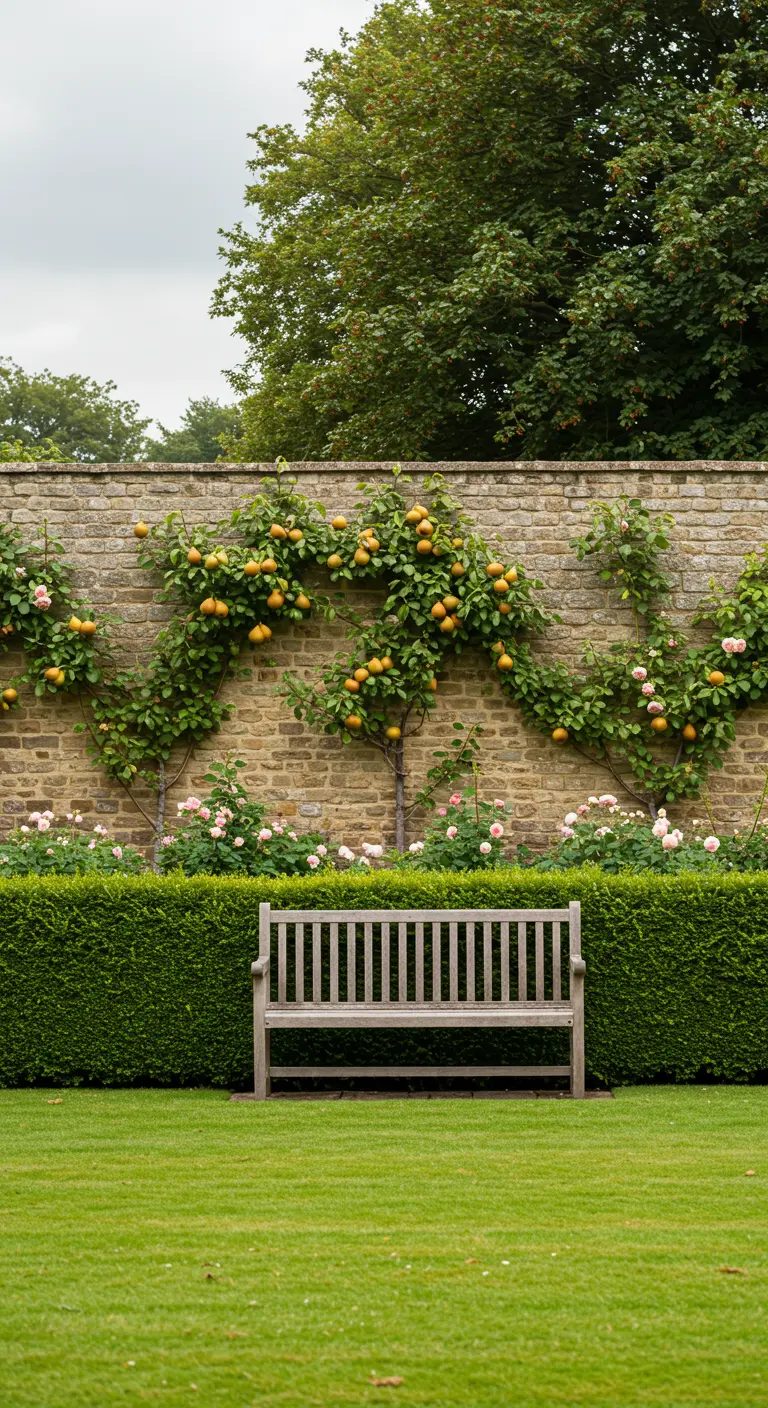 Geleide fruitbomen en rozen tegen een oude stenen tuinmuur.