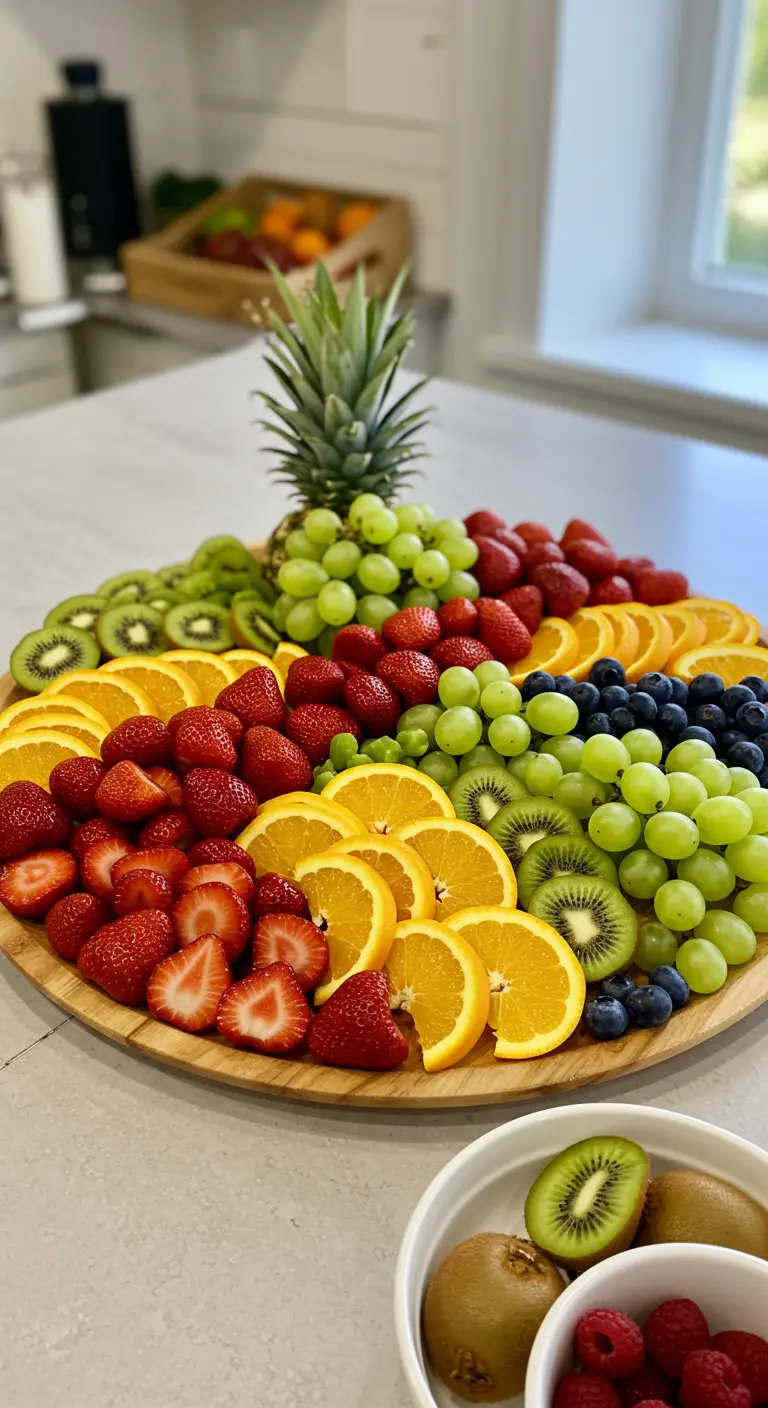 Grote ronde schaal met fruit dat gerangschikt is als een regenboog.