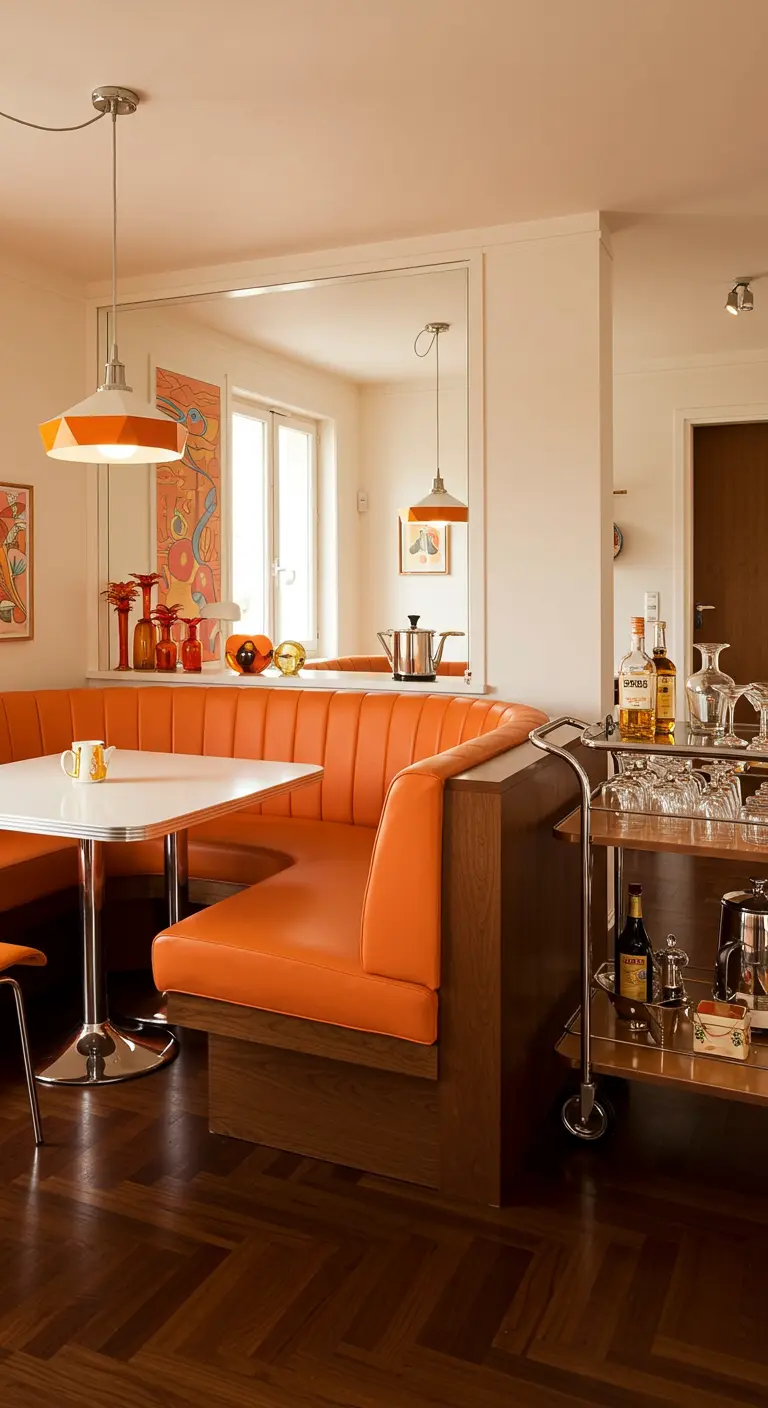 Oranje dinerbooth in walnoot hout met witte tafel, spiegelwand en bar trolley.