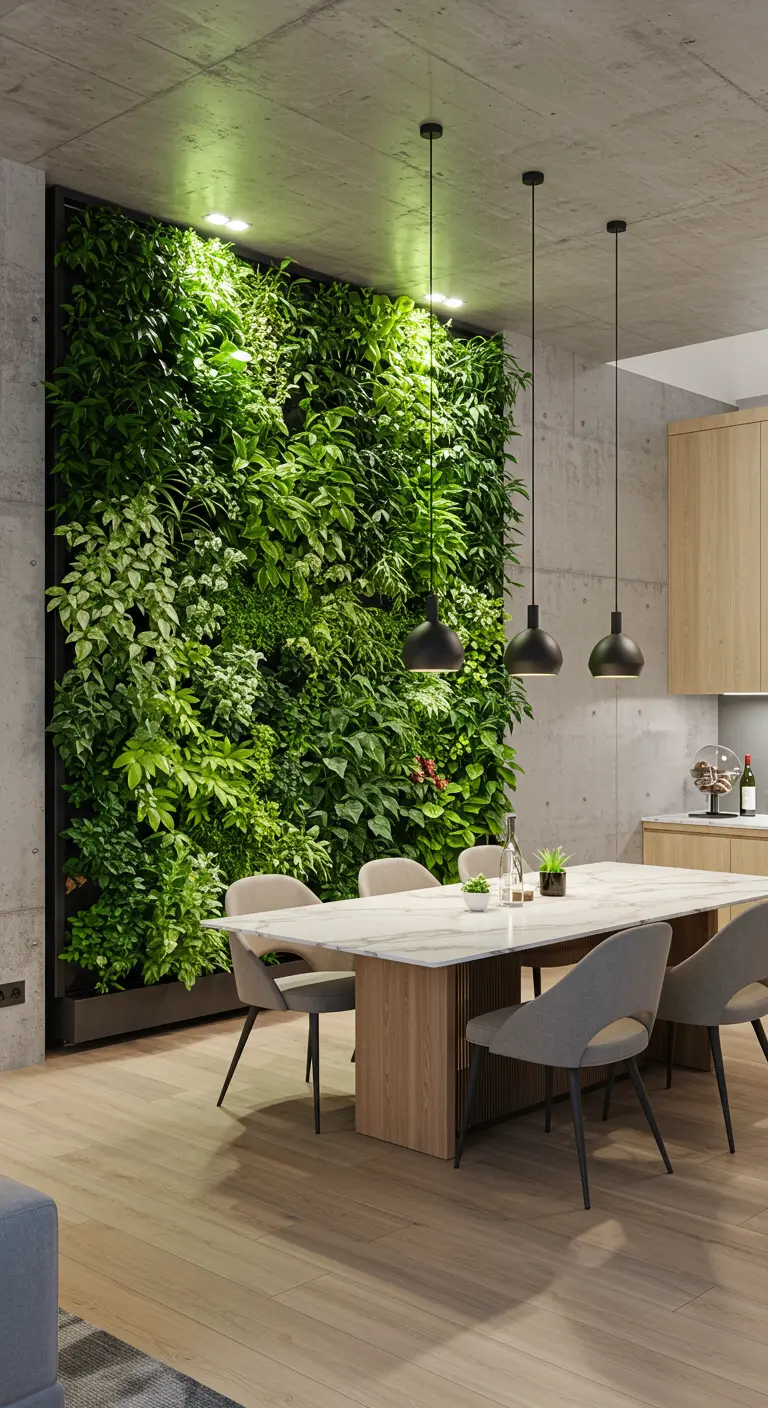 Moderne eetkamer met grote groene plantenmuur, strakke eettafel en hanglampen.