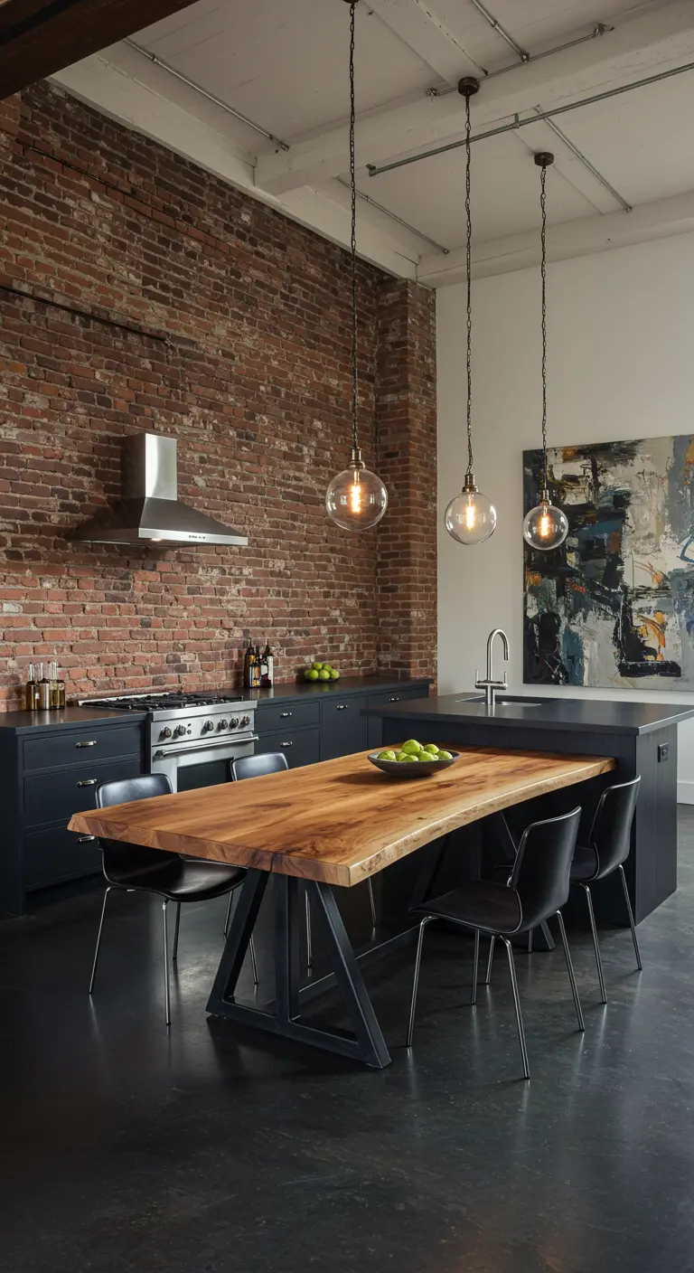 Loftkeuken met zwart kookeiland en een aangebouwde houten eettafel.