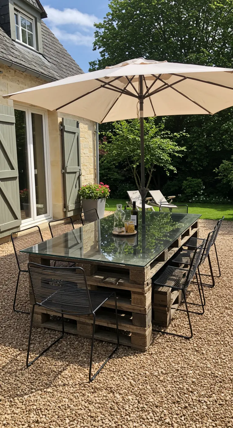 Grote eettafel gemaakt van gestapelde pallets met een glasplaat en metalen stoelen eromheen.
