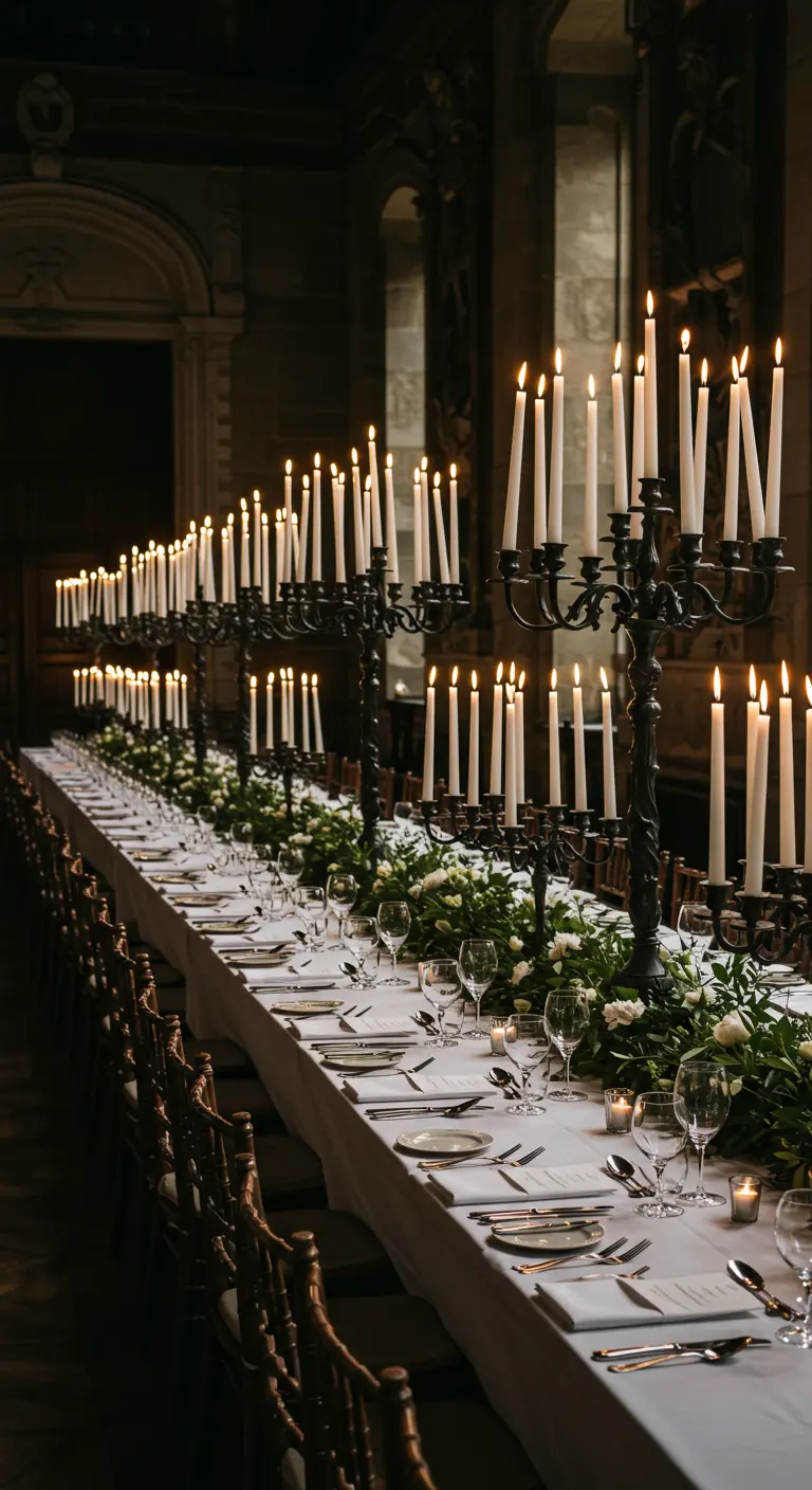 Lange eettafel met een rij van hoge zwarte kandelaars met witte kaarsen en groene guirlandes.