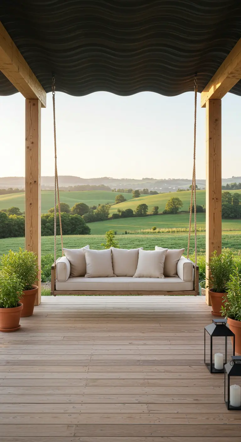 Strakke houten schommelbank met crème kussens, minimalistische veranda, glooiende heuvels.