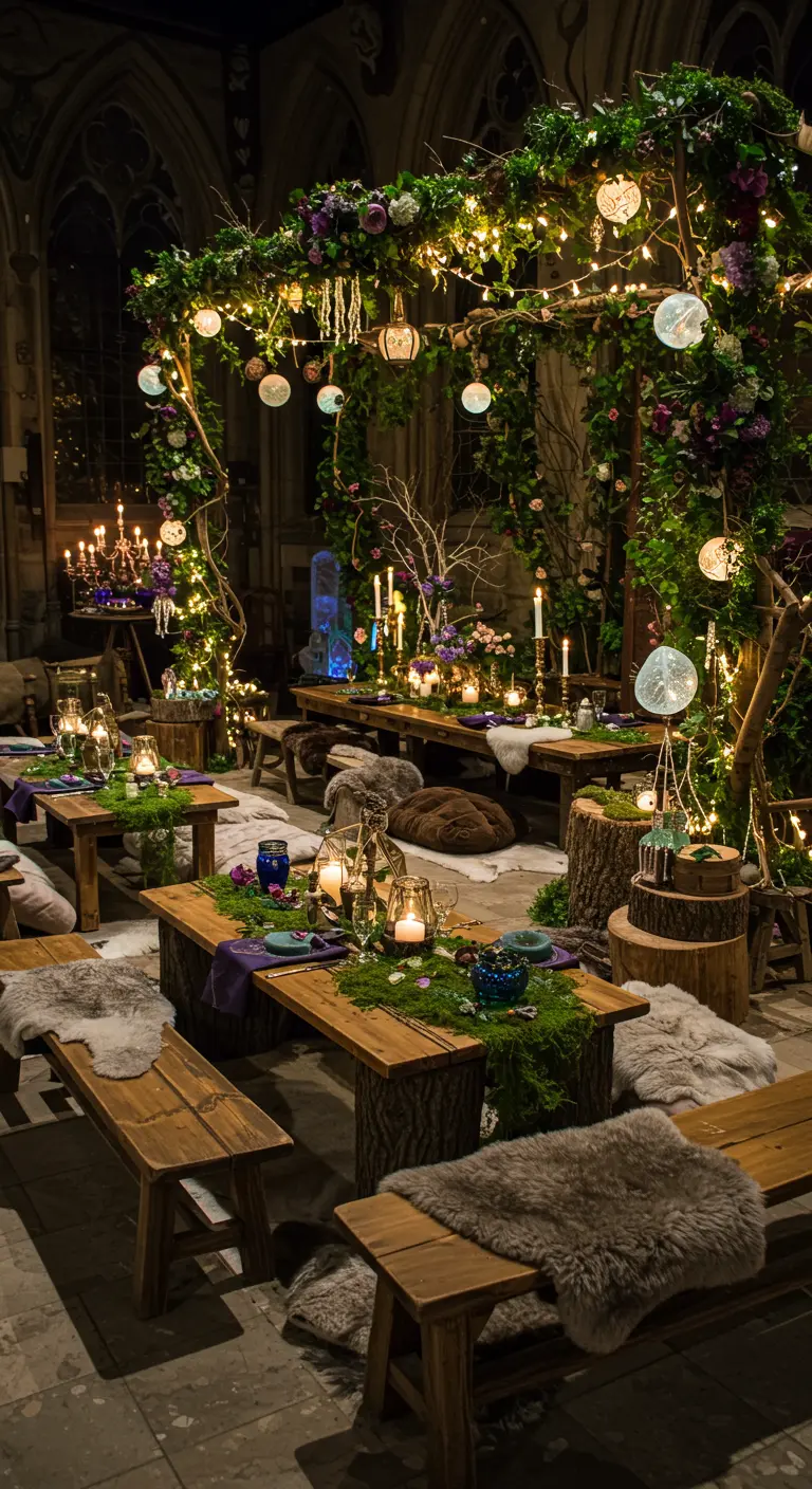 Betoverende bosachtige filmsetting met groene bogen, bloemen, lichtjes en houten meubels.