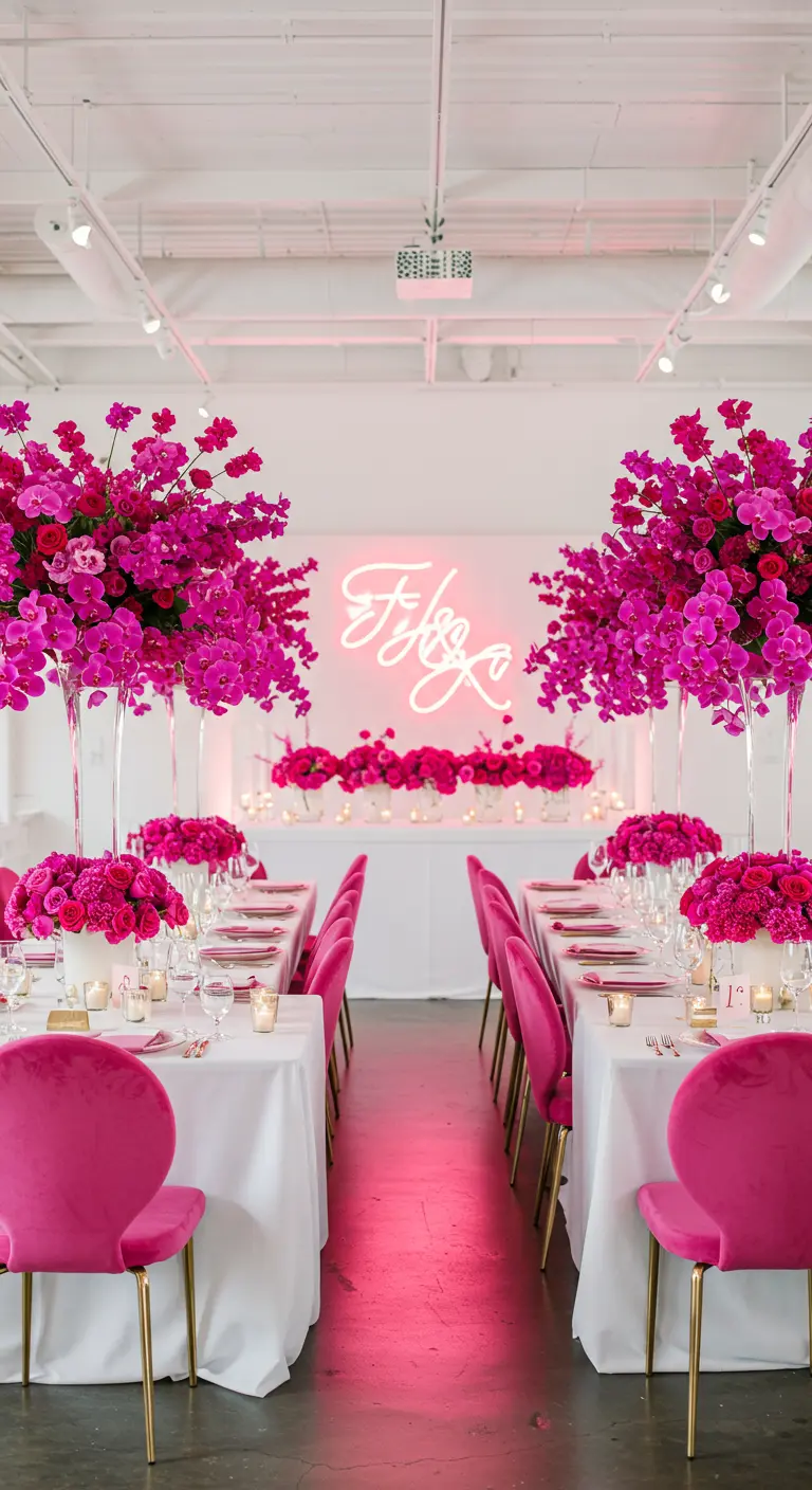 Moderne bruiloft met fuchsia roze stoelen, hoge bloemstukken en roze verlichting.