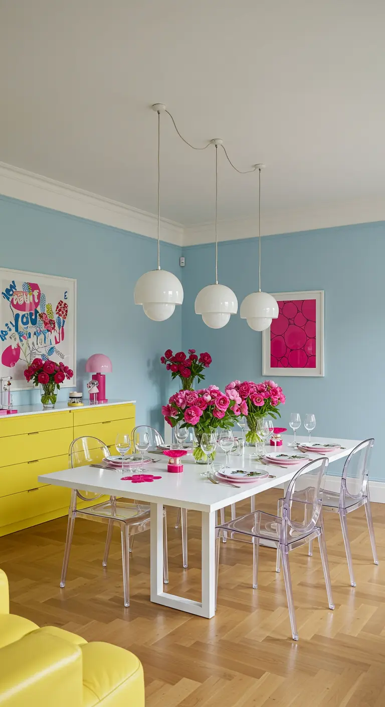 Eetkamer met lichtblauwe muren, een knalgeel dressoir en fuchsia rozen op tafel.