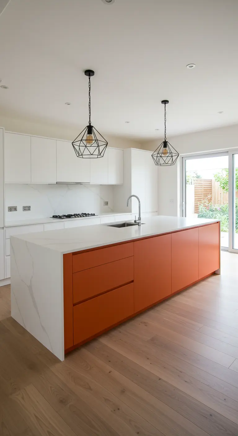 Witte keuken met een fel oranje kookeiland en zwarte, geometrische hanglampen.