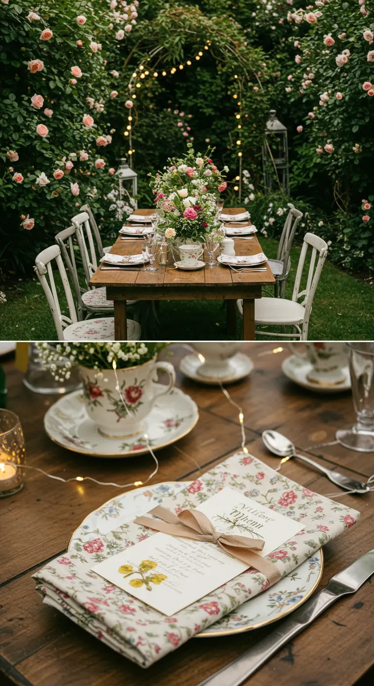 Cottage garden wedding with floral tablecloth, teacups, floral menus, and rose arch.