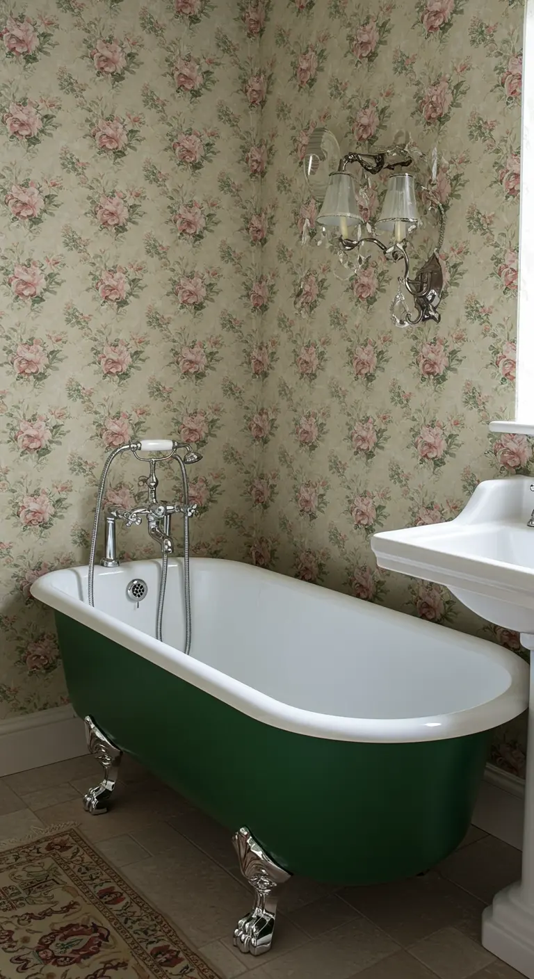 Klassieke badkamer met een donkergroen bad op pootjes en een muur met vintage rozenbehang.
