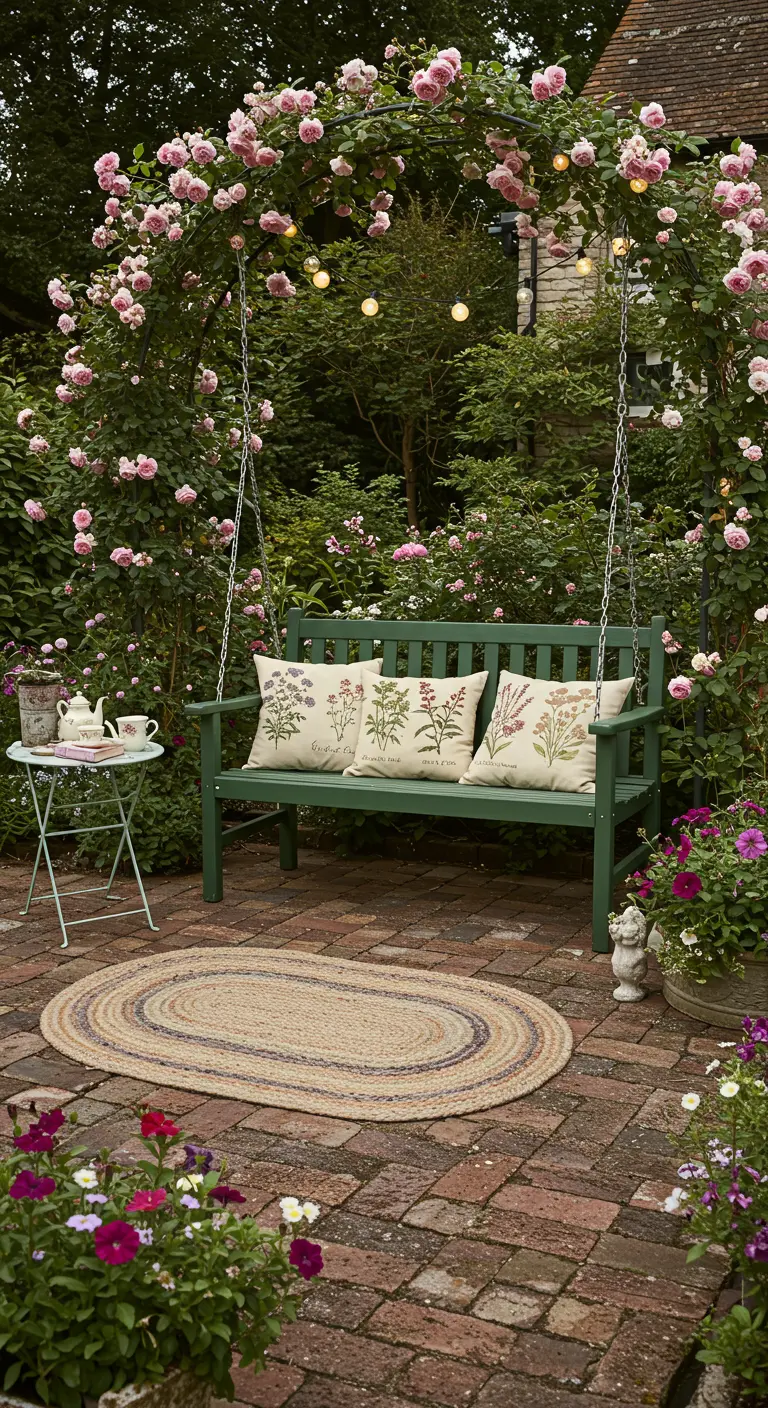 Donkergroene schommelbank in een bloeiende cottagetuin met geborduurde botanische kussens.