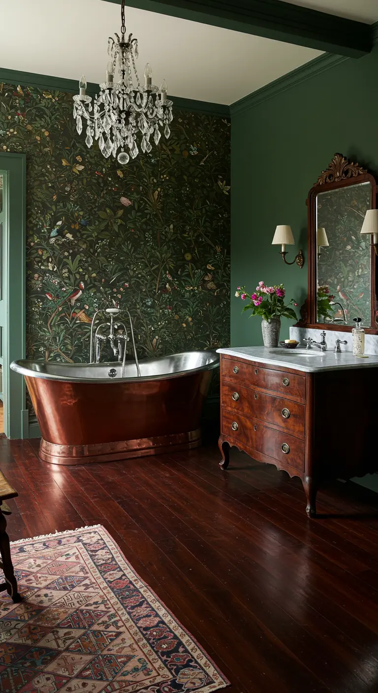 Donkergroene badkamer met botanisch behang, een vrijstaand koperen bad en een antieke commode.