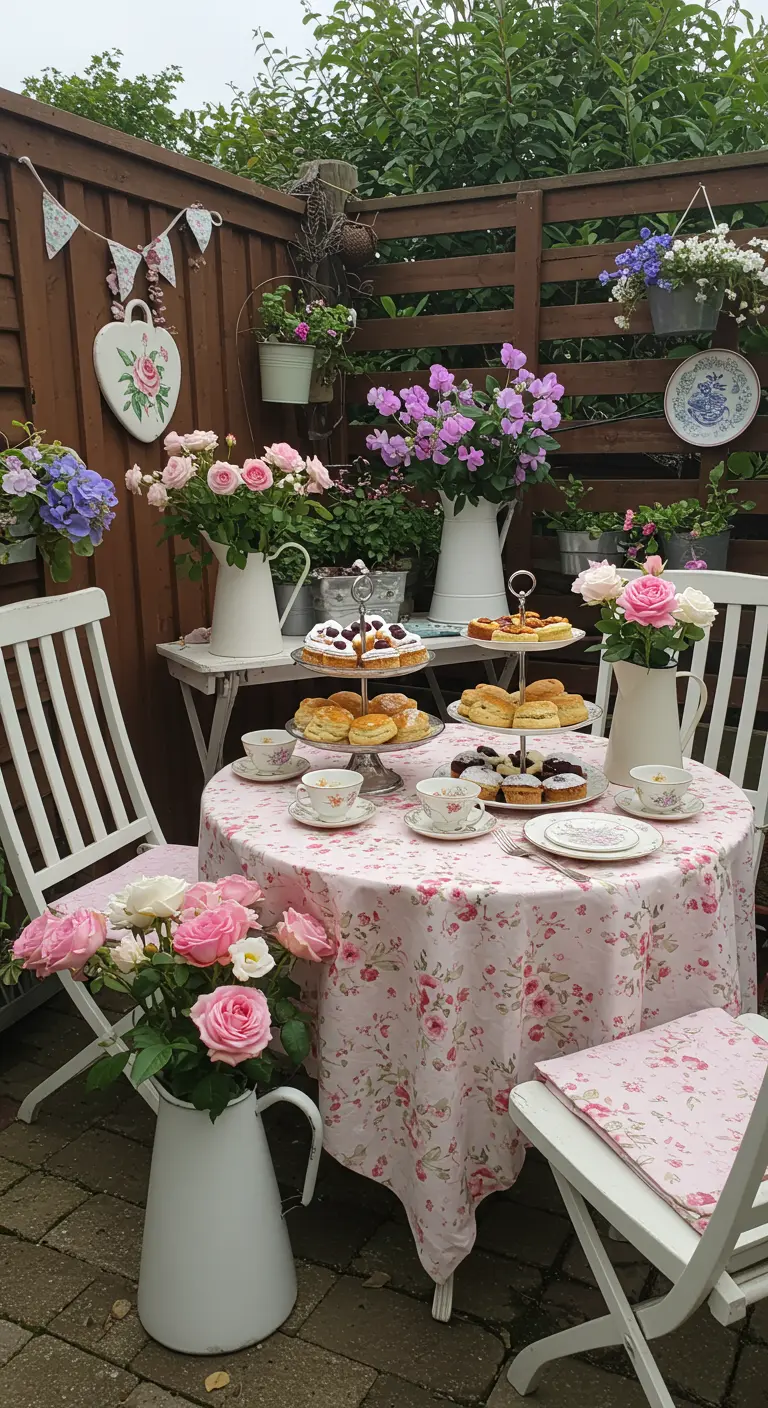 Tuinset gedekt voor een high tea, met roze bloemenprints, witte emaille kannen en etagères vol lekkers.