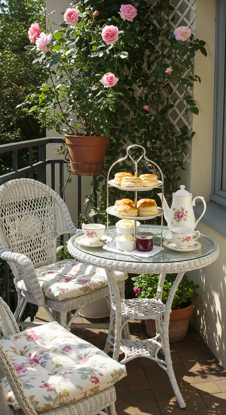 Romantisch balkon met witte rieten stoelen, bloemenkussens, een etagère en roze rozen.