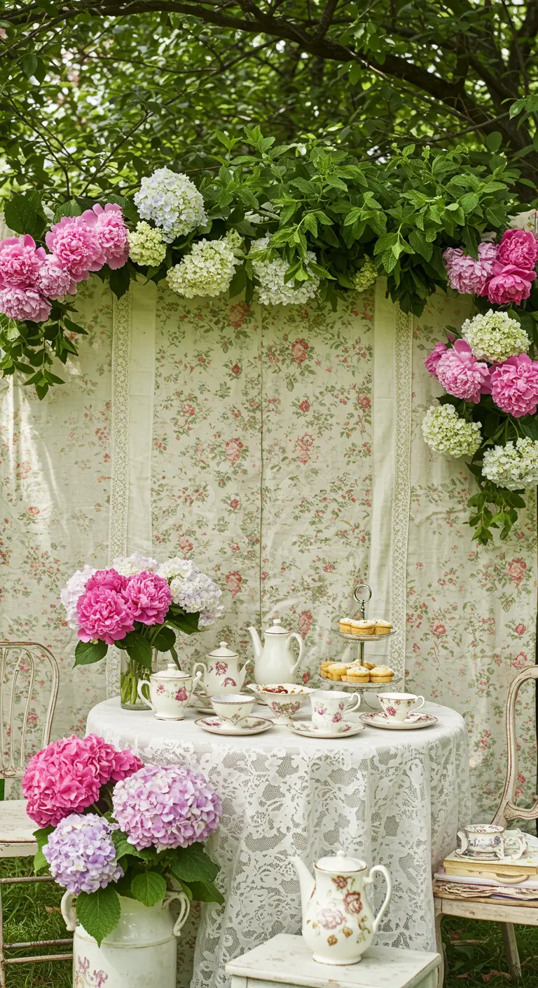 Theetafel in de tuin met een backdrop van bloemetjesstof en hortensia's.