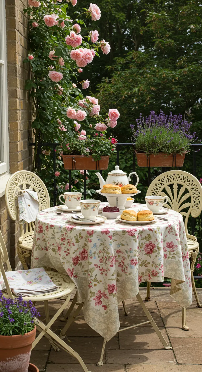 Crèmekleurige bistroset met bloemen-tafelkleed, omringd door roze rozen en lavendel.