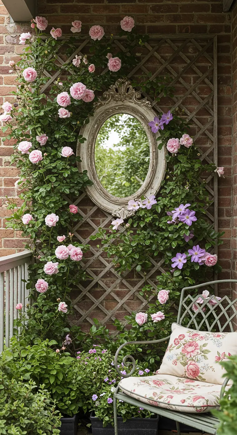 Klimrozen op een trellis tegen een bakstenen muur, met een ovale sierspiegel.