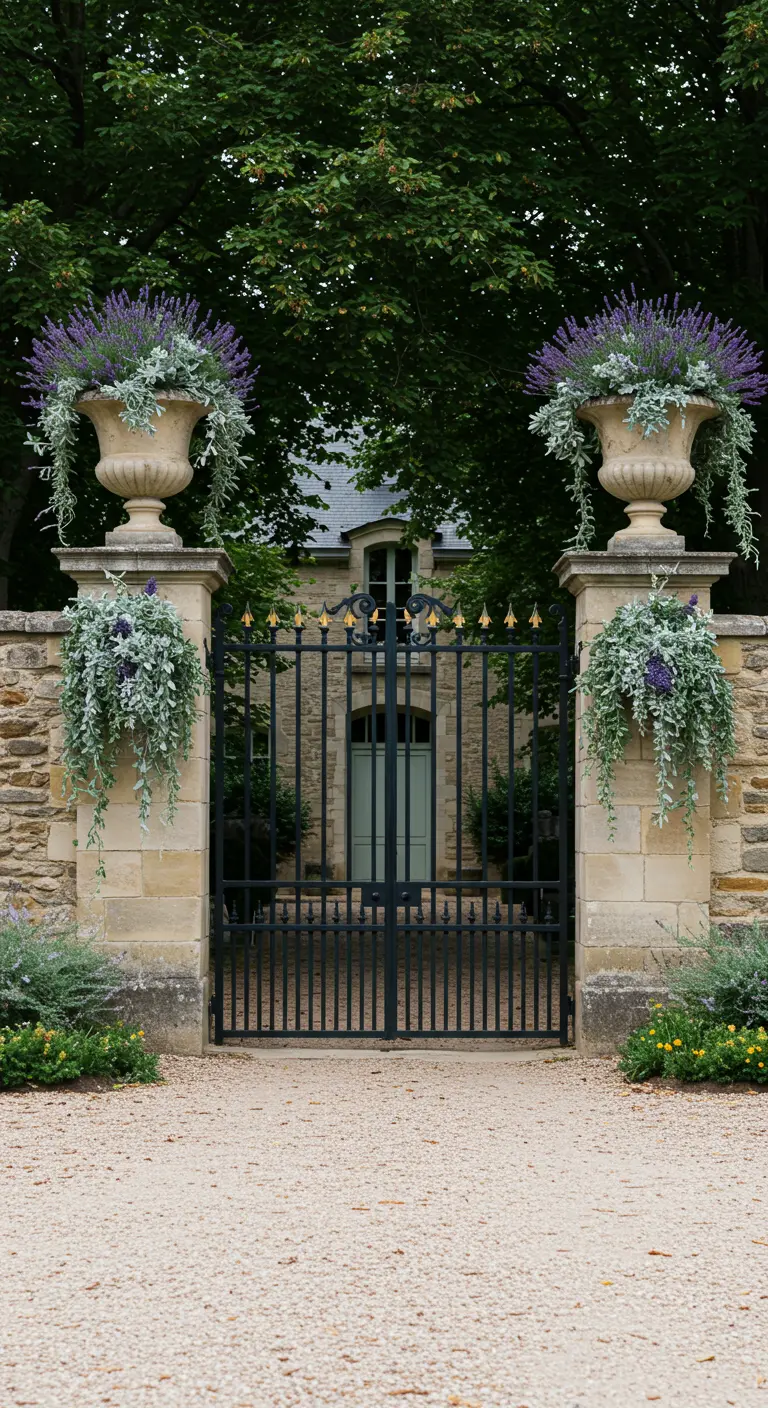 Stenen poort met klassieke urnen waaruit lavendel en zilveren hangplanten groeien.
