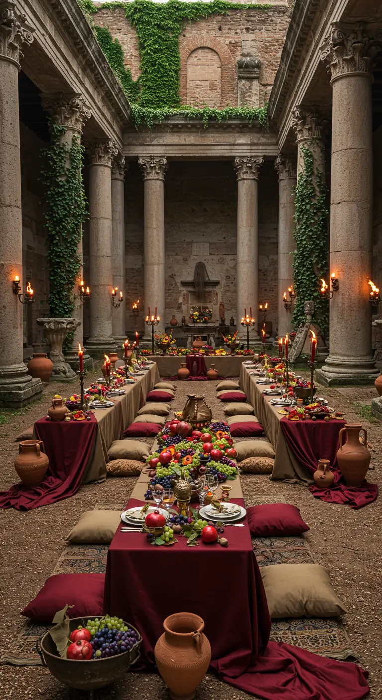 Romeinse hof met lage tafels, kussens, fruitdecoratie en brandende fakkels.