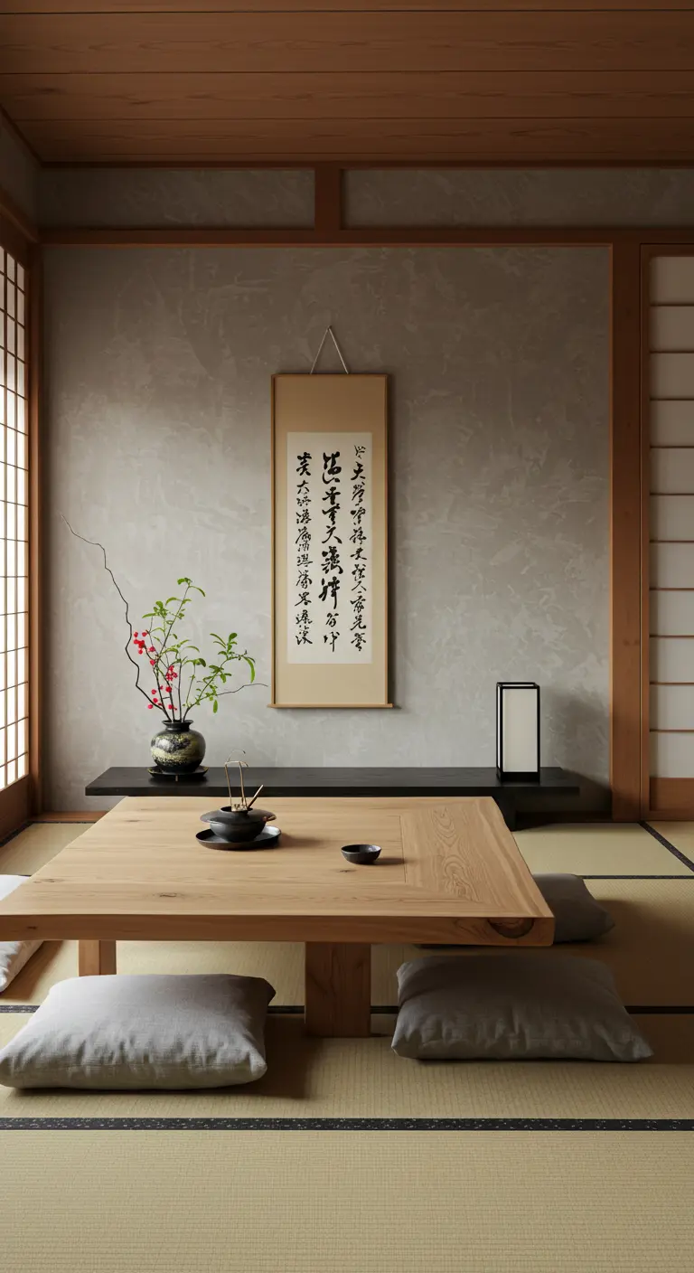 Japanse eetkamer met lage houten tafel, vloerkussens en een kalligrafierol aan de muur.