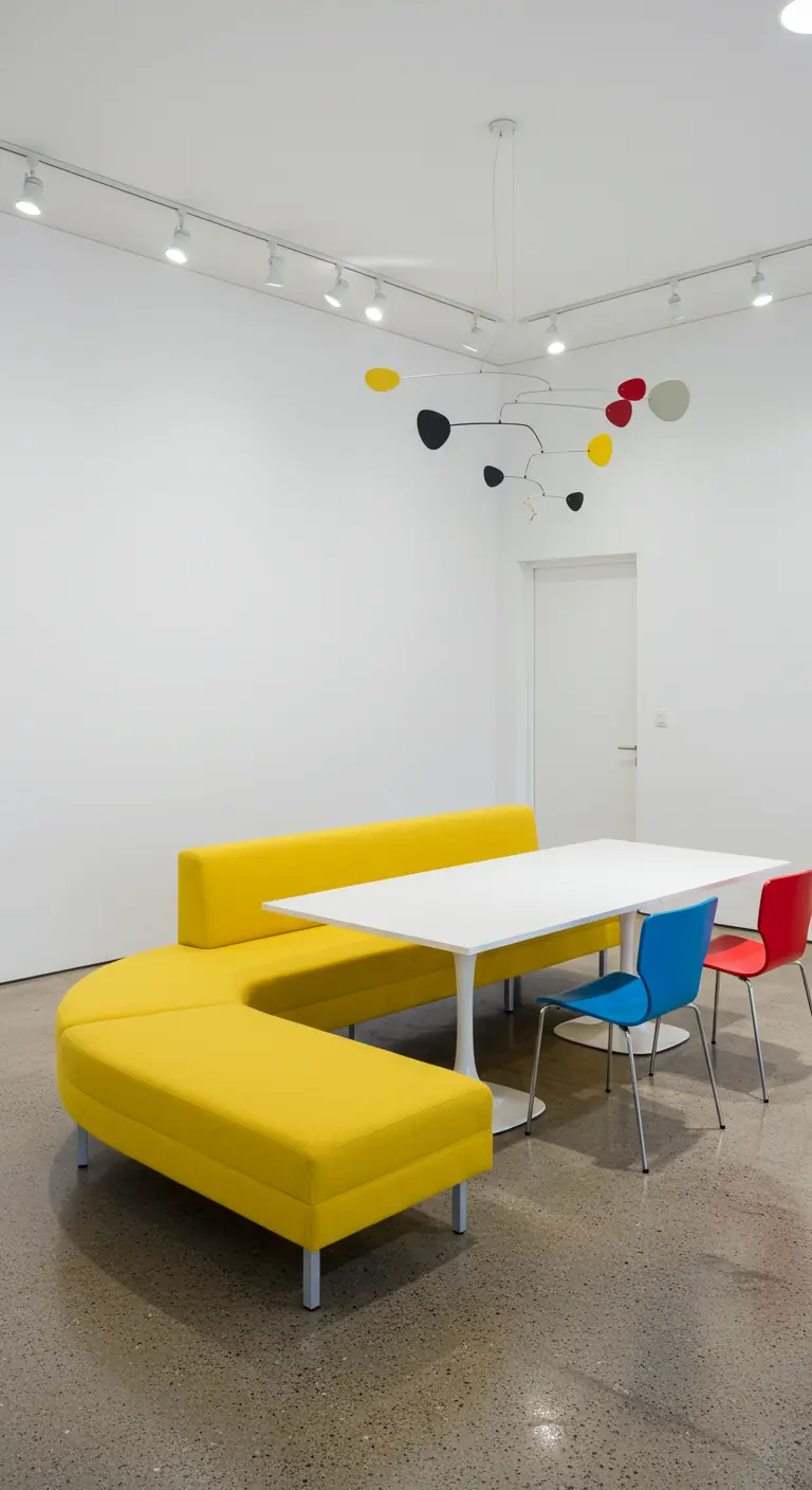Witte galerij-achtige ruimte met een lange, gebogen gele bank en kleurrijke stoelen.