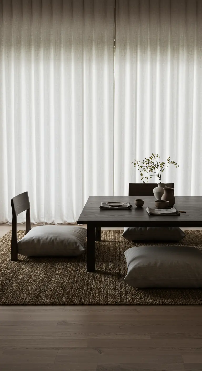 Minimalistische Japandi-eetruimte met een lage tafel, vloerkussens en een kamerhoog licht gordijn.
