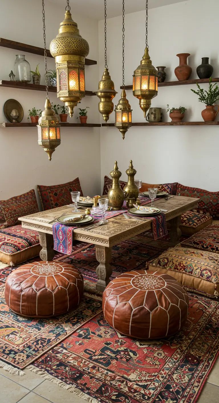 Marokkaanse eethoek met lage tafel, leren poefs, vloerkussens en koperen lantaarns.