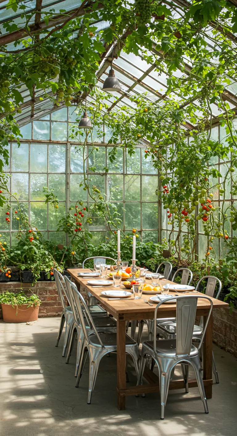 Eettafel in een kas, omringd door weelderige, hangende tomatenplanten en andere gewassen.
