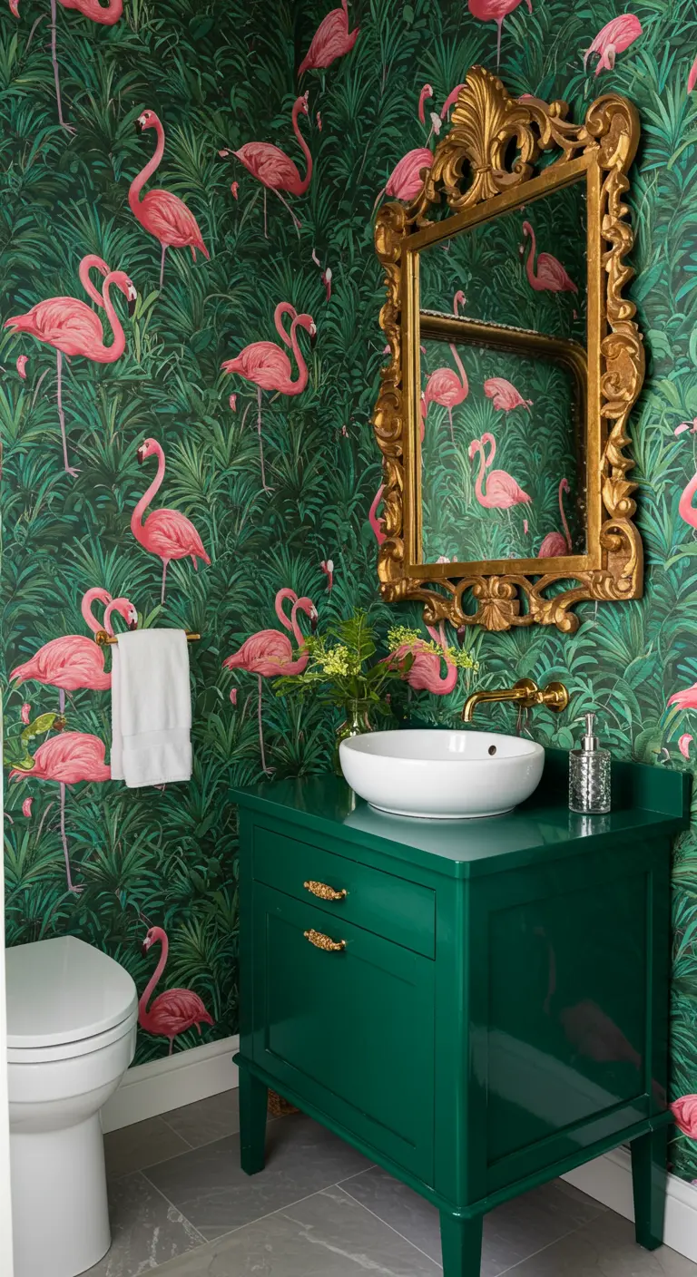 Toiletruimte met flamingobehang, een groen meubel en een gouden barokspiegel.