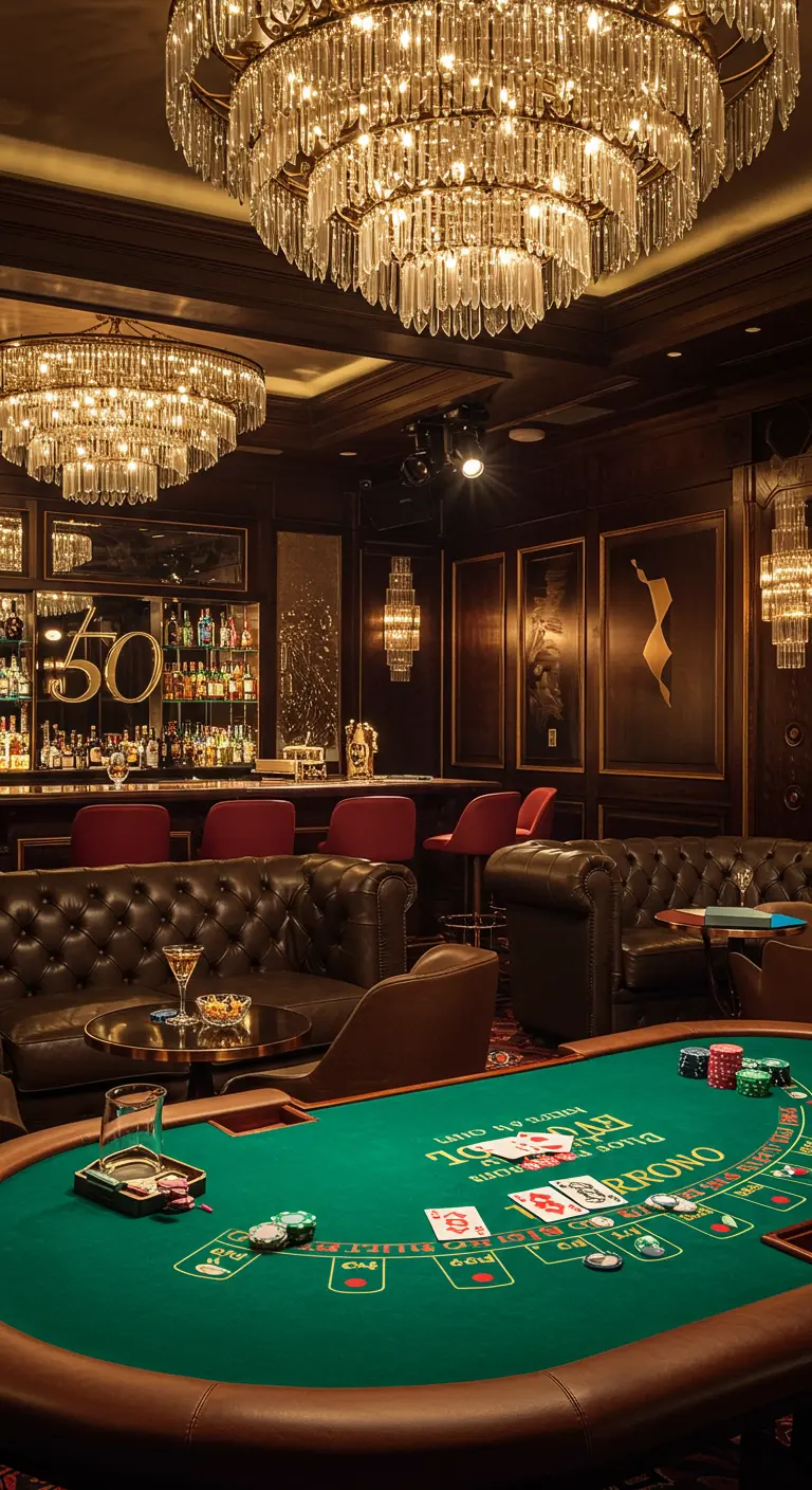 Luxe casino-thema feest met poker tafel, lederen banken, bar met '50' sign en kroonluchters.