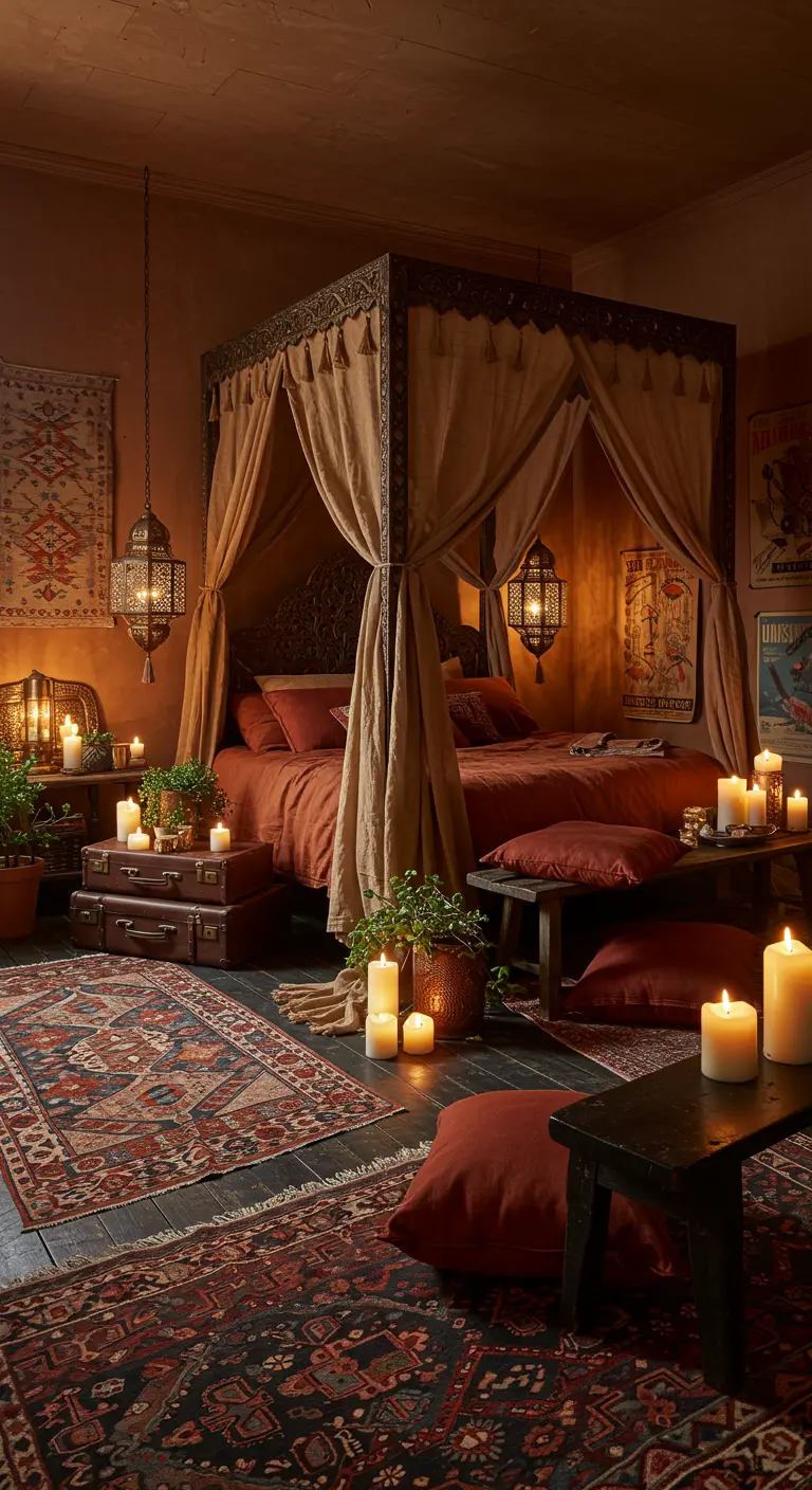 Slaapkamer in Marokkaanse stijl met terracotta tinten, hemelbed en veel kaarsen.