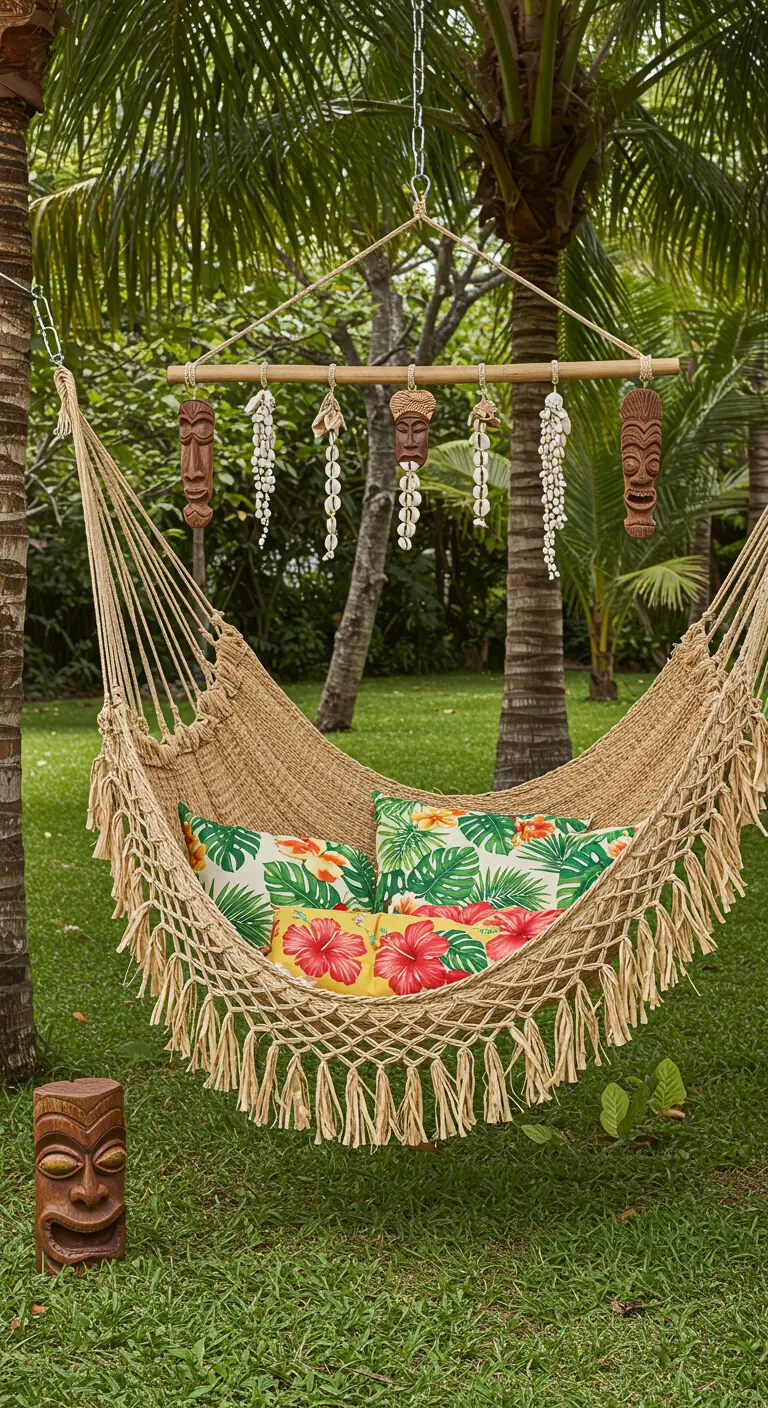 Geknoopte hangmat met tropische kussens en Tiki-decoratie tussen palmbomen.