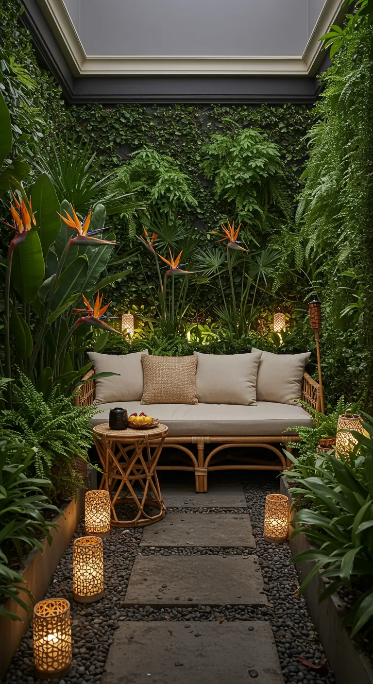 Overdekte buitenruimte met bamboe loungebank, exotische planten en sfeervolle lantaarns op grind.