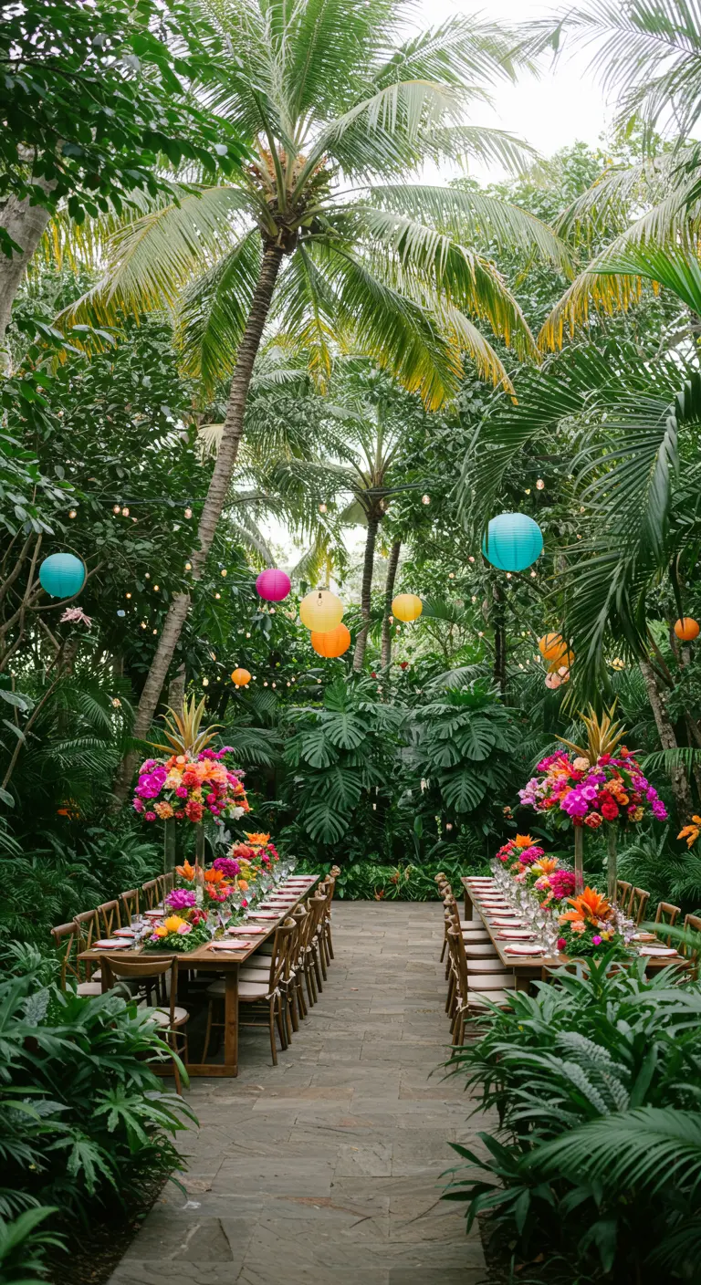 Tropische tuinsetting met lange houten tafels, exotische bloemen en kleurrijke lampionnen tussen palmen.
