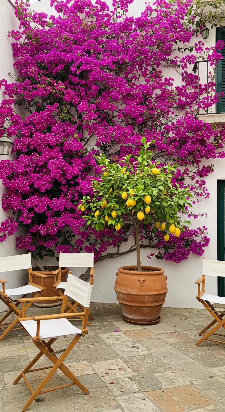 Witte patio met een citroenboom en een explosie van roze bougainvillea