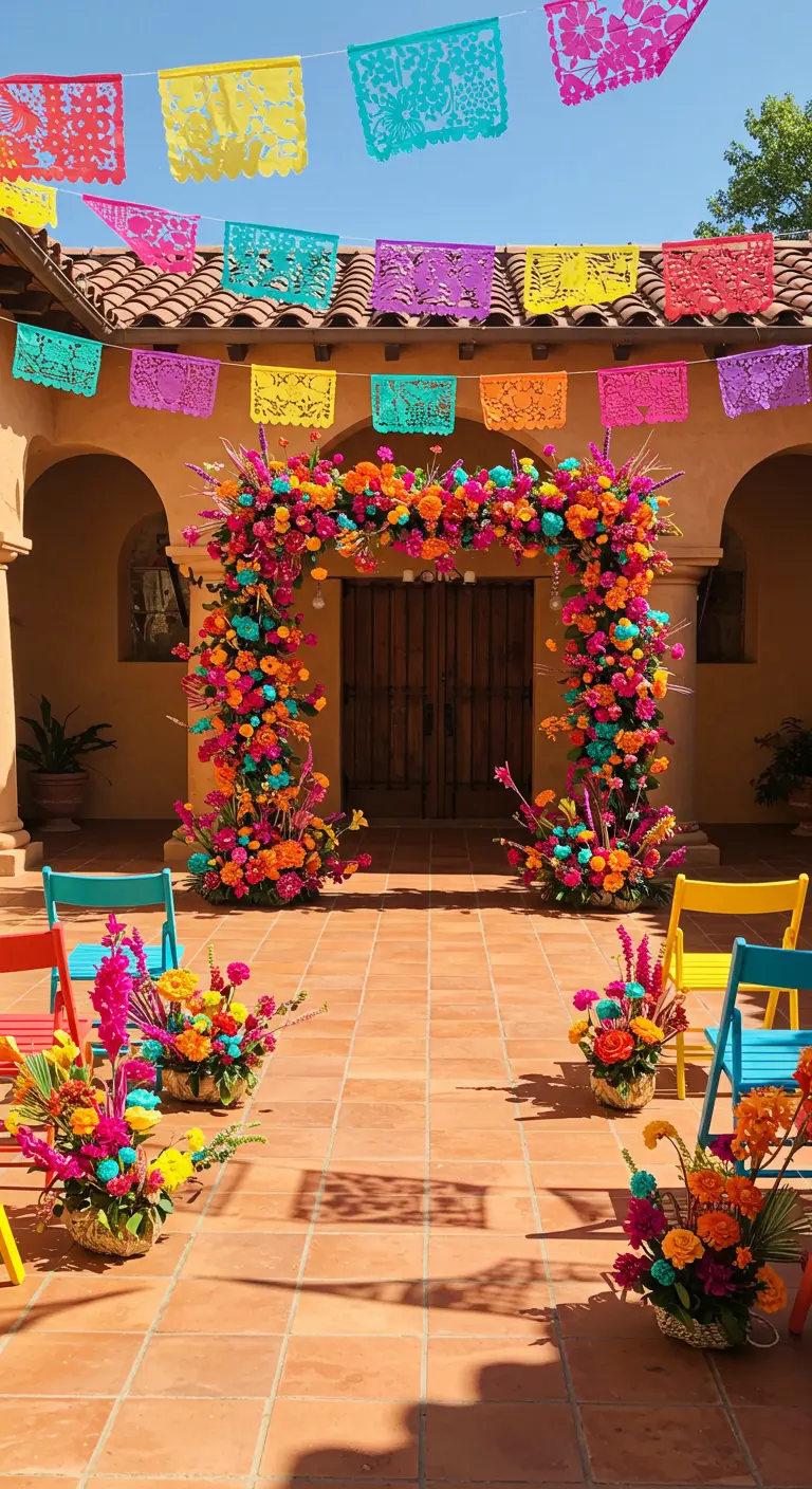 Kleurrijke Mexicaanse bruiloftsopstelling met een felle bloemenboog en 'papel picado' slingers.