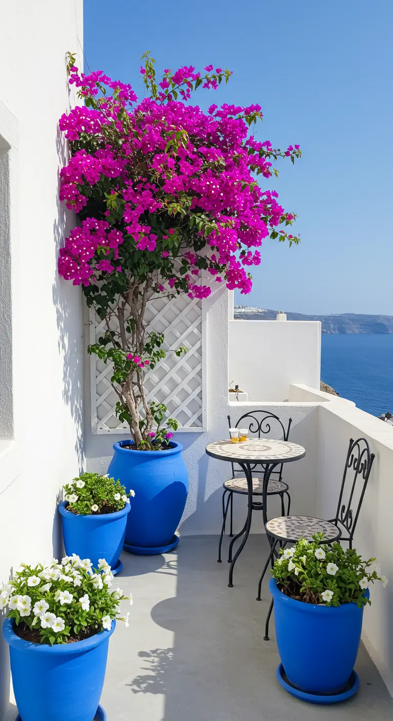 Wit balkon met felblauwe potten, een roze bougainvillea en uitzicht op zee.