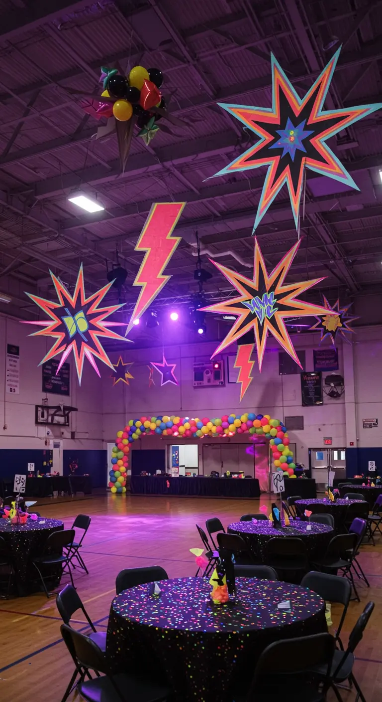 Grote feestzaal versierd met hangende kartonnen bliksemschichten en sterren in felle kleuren.