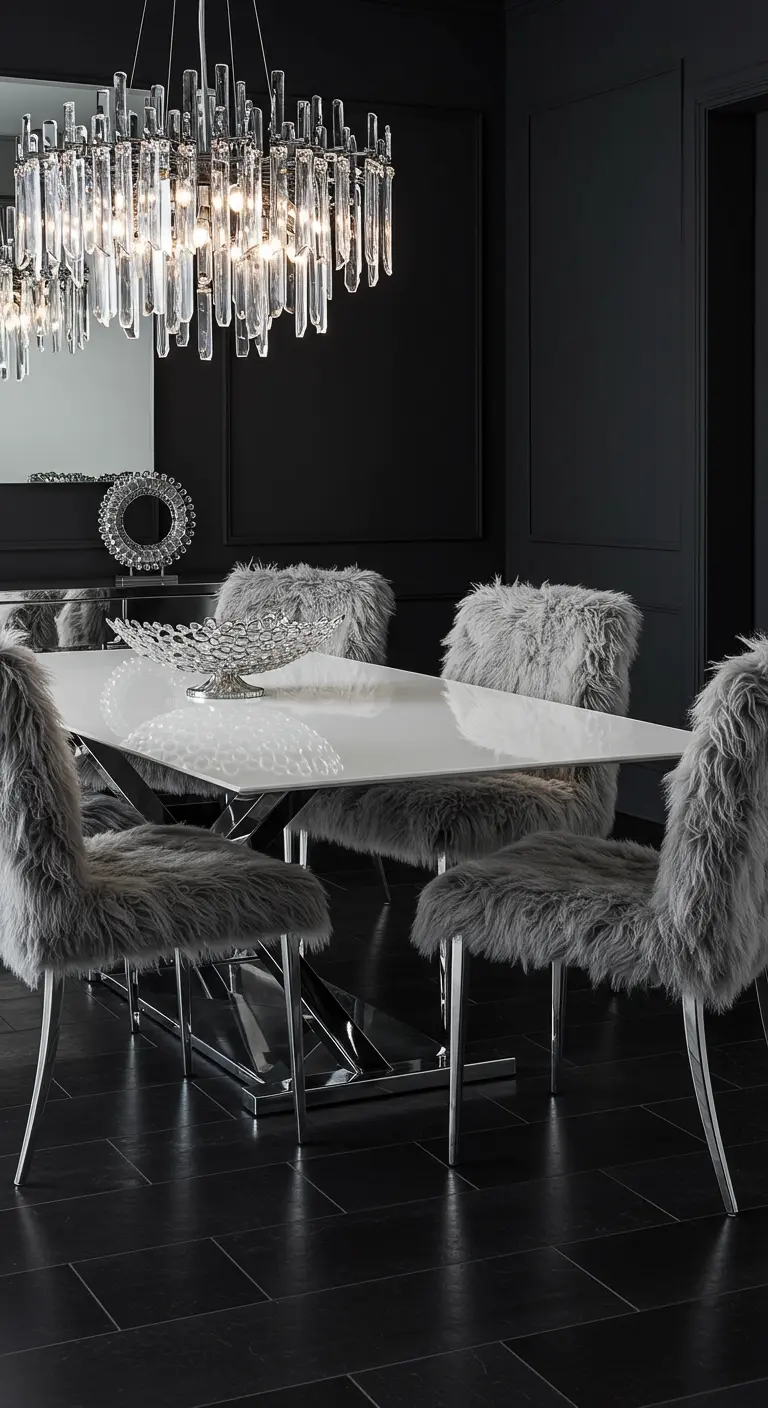 Glamoureuze eetkamer met pluizige grijze stoelen, witte glanzende tafel en kristallen kroonluchter.